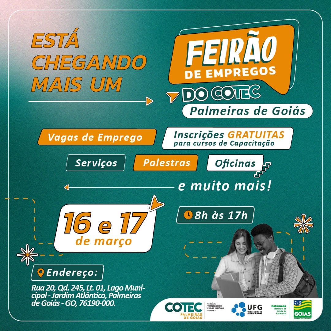 Feirão de Empregos chega à cidade de Palmeiras de Goiás com centenas de vagas de emprego e cursos gratuitos